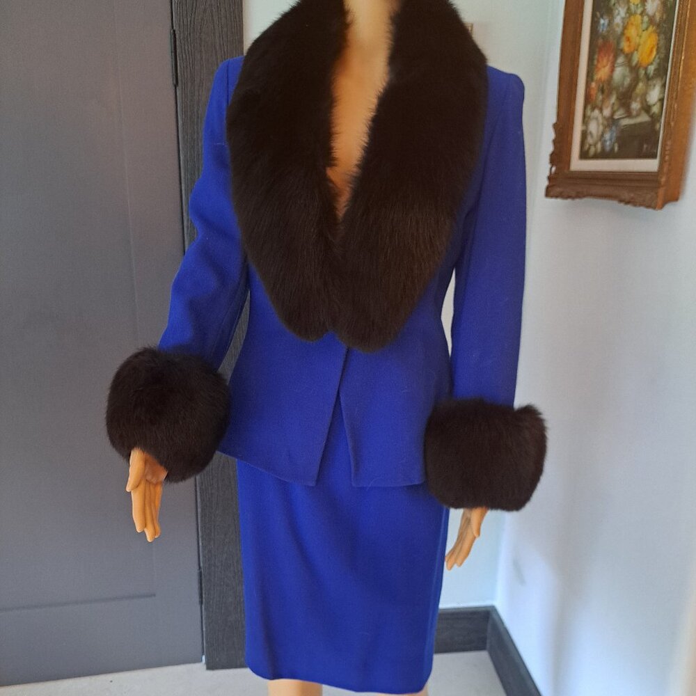 Royal Blue Wool Crepe Suit Black Fox Cuffs & Collar - Elegant Core Luxury Size 8